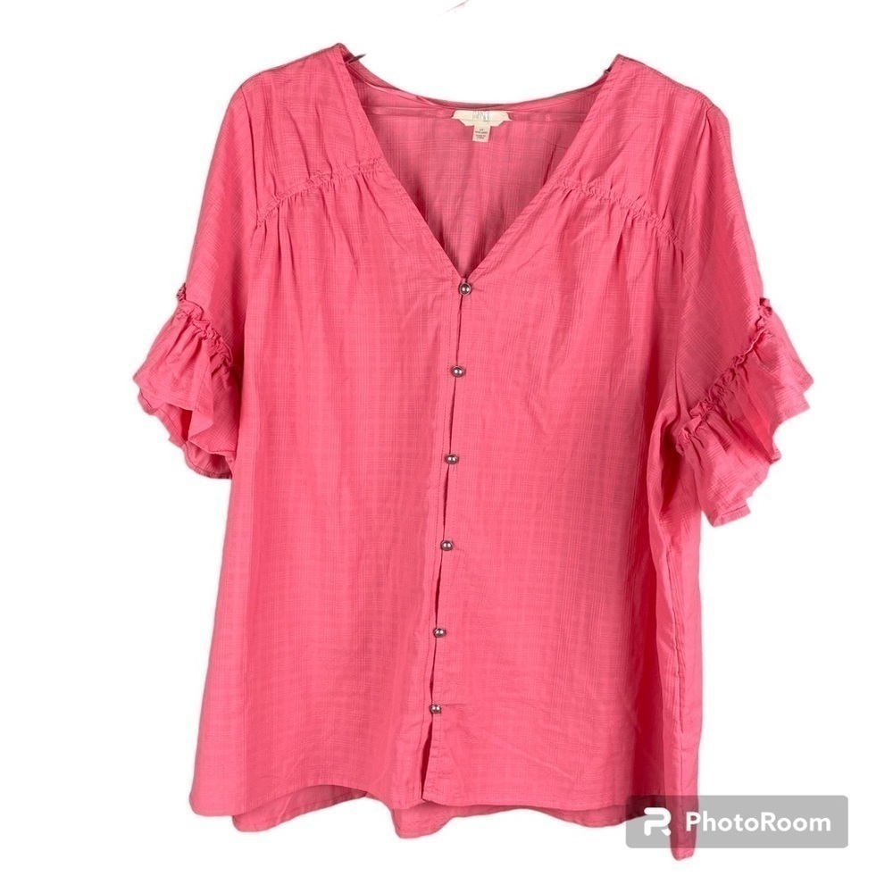 Terra & Sky Pink Blouse with Ruffles on Sleeves and Metal Buttons